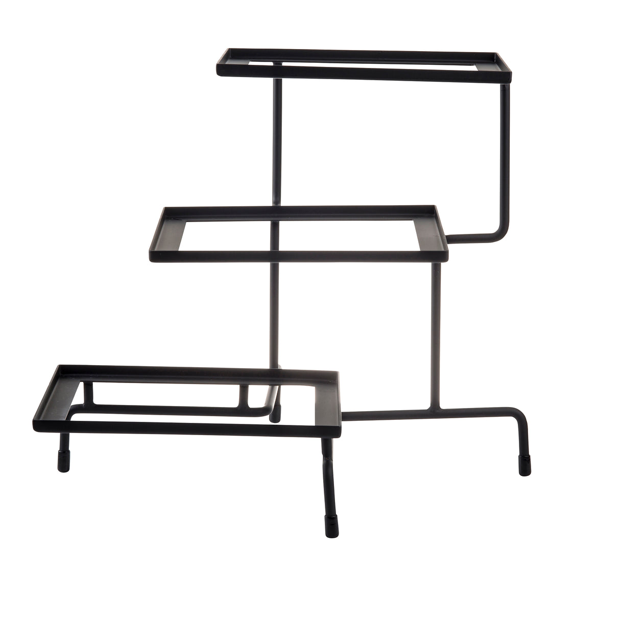 A black, steel 3-tiered stand with rectangular shelves at different heights and a minimalist, open-frame design. Each tier is slightly offset, and the stand has four slender legs for stability. The overall look is modern and simple.