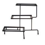 A black, steel 3-tiered stand with rectangular shelves at different heights and a minimalist, open-frame design. Each tier is slightly offset, and the stand has four slender legs for stability. The overall look is modern and simple.