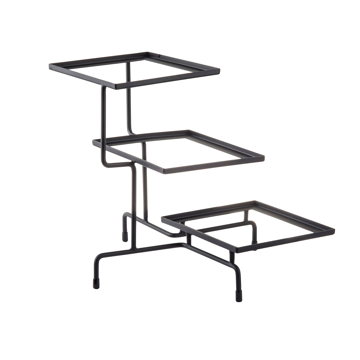 A black, metal, 3-tiered stand with square frames at different heights. Each tier is supported by minimalist, angular rods and capped feet. The open, modern steel stand features no shelves or surfaces—just striking square outlines.