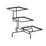 A black, metal, 3-tiered stand with square frames at different heights. Each tier is supported by minimalist, angular rods and capped feet. The open, modern steel stand features no shelves or surfaces—just striking square outlines.