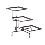 A black, metal, 3-tiered stand with square frames at different heights. Each tier is supported by minimalist, angular rods and capped feet. The open, modern steel stand features no shelves or surfaces—just striking square outlines.
