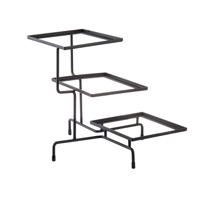 A black, metal, 3-tiered stand with square frames at different heights. Each tier is supported by minimalist, angular rods and capped feet. The open, modern steel stand features no shelves or surfaces—just striking square outlines.