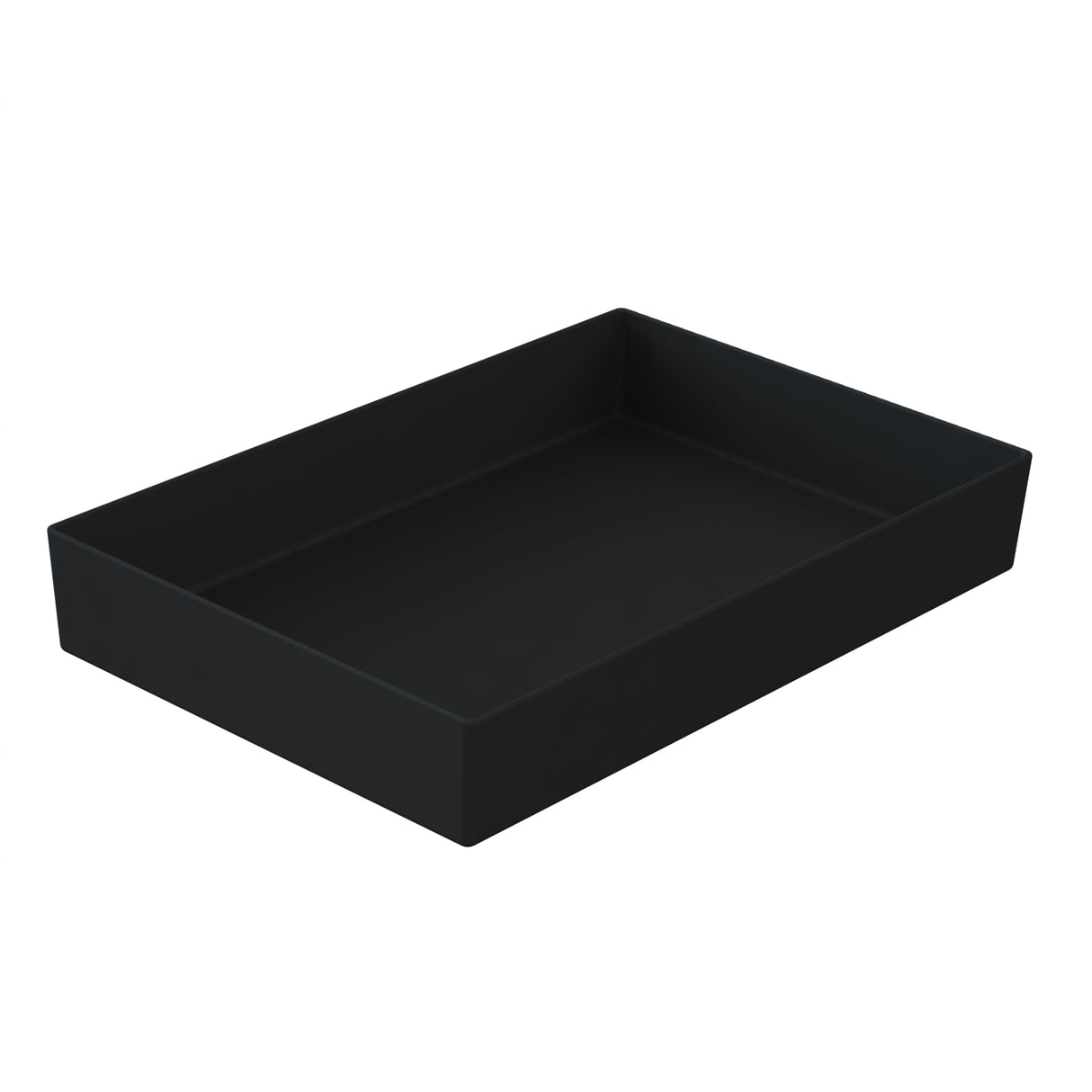A plain black rectangular tray with slightly raised edges, viewed at an angle against a white background. The tray, reminiscent of a cast aluminum bowl, features a smooth, matte finish for a minimalist and modern look.
