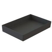 A rectangular, shallow, matte black tray with straight sides and rounded edges is shown on a white background. The tray appears empty and may be a cast aluminum bowl, offering both durability and modern style.