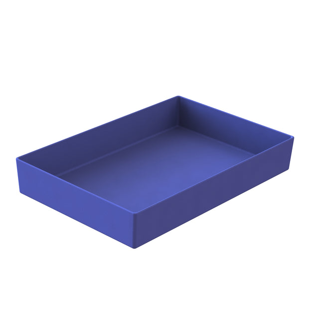 A rectangular, deep tray made of solid blue cast aluminum, shown at a slight angle against a white background. The tray has straight sides, a flat bottom, and no visible handles or decorations—ideal for cold holding applications.