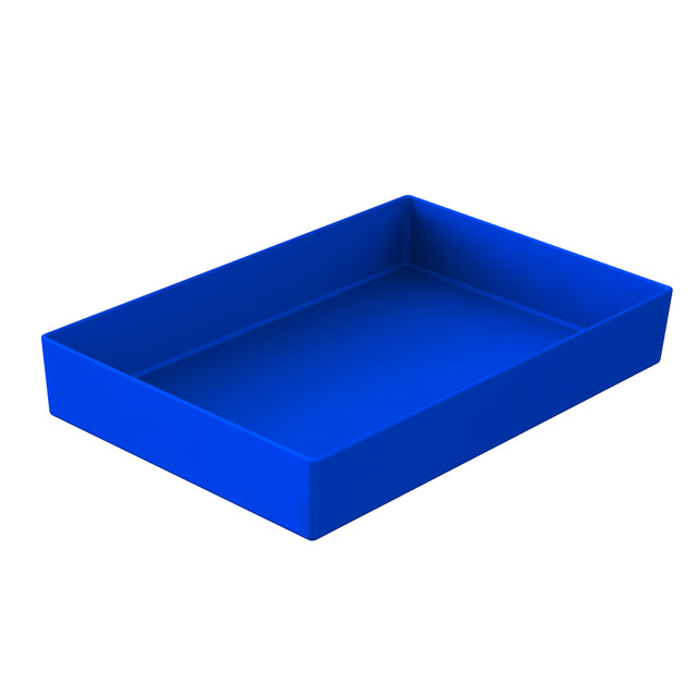 A rectangular, bright blue plastic tray with high sides, similar in function to a cold holding bowl. The tray is empty and pictured against a white background, positioned at an angle showing both the interior and the depth of the sides.