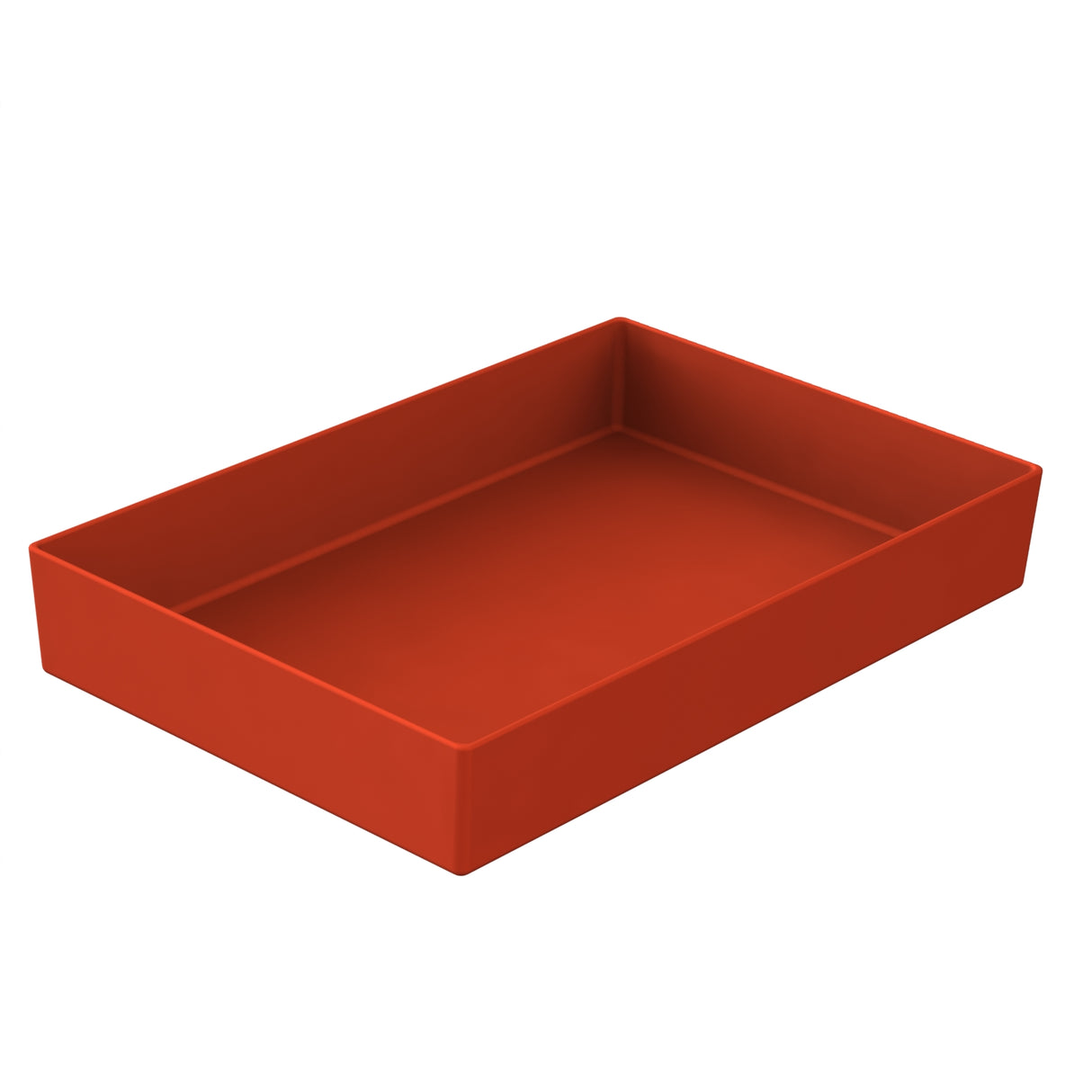A rectangular, deep, orange tray with straight edges and no handles, shown on a white background. The tray features a simple, modern design and appears to have a sleek copper finish for a contemporary touch.