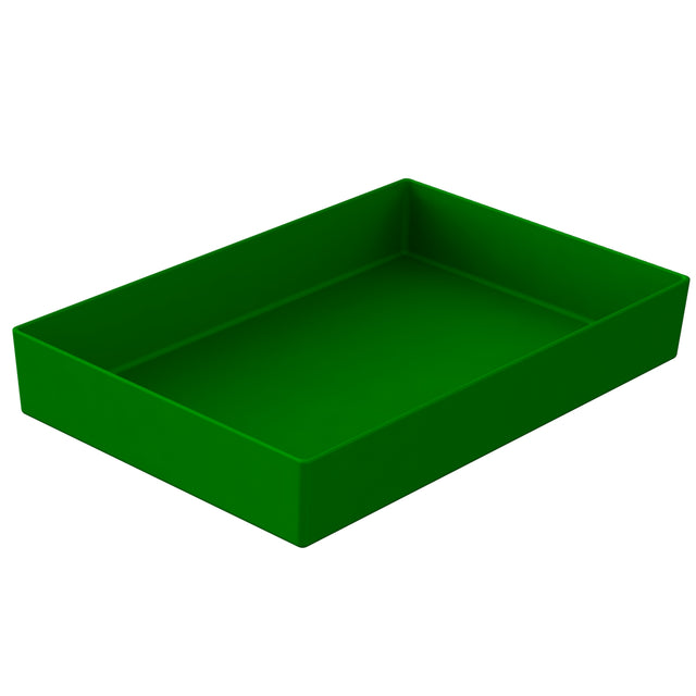 A rectangular, shallow tray with straight sides and sharp corners, made of smooth green plastic. Shown empty from an angled perspective against a white background, this dishwasher safe bowl is ideal for versatile use.