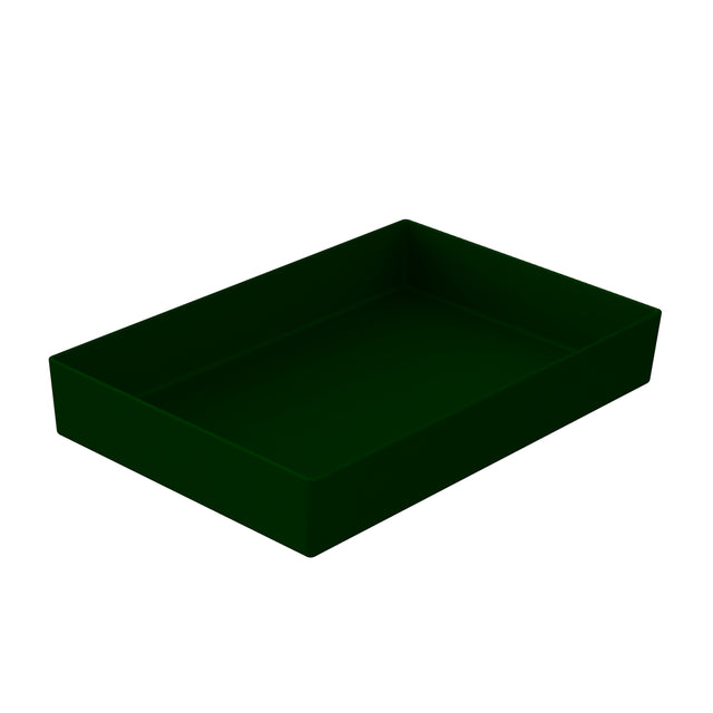 A dark green, rectangular, shallow cast aluminum bowl with slightly angled sides. The tray is empty and set against a plain white background, viewed from an angle that shows both the inner base and two sides.