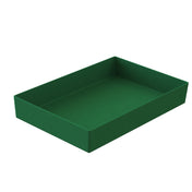 A rectangular, deep, green plastic tray with straight sides and no handles or decorations, shown on a white background. The dishwasher safe tray appears empty and is oriented at a slight angle, showing both the interior and two sides.