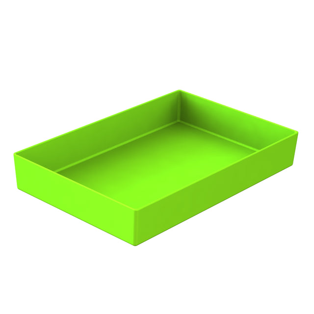 A bright green, rectangular plastic tray with raised edges, shown at an angle on a white background. The tray appears empty and has smooth surfaces with sharp corners—perfect for pairing with a cold holding bowl.