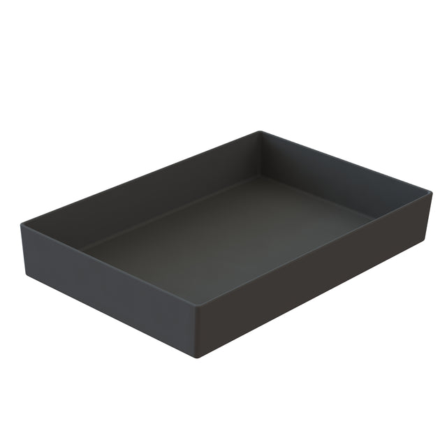 A black rectangular tray with straight sides and a flat base, crafted from Duracoat coated cast aluminum. The tray’s minimal, modern design features no handles or decorations, shown on a white background.