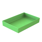 A rectangular, shallow, green plastic tray with straight sides and smooth surfaces is shown on a white background. Dishwasher safe, the tray is empty and viewed from a slightly elevated angle, highlighting its depth and simple design.