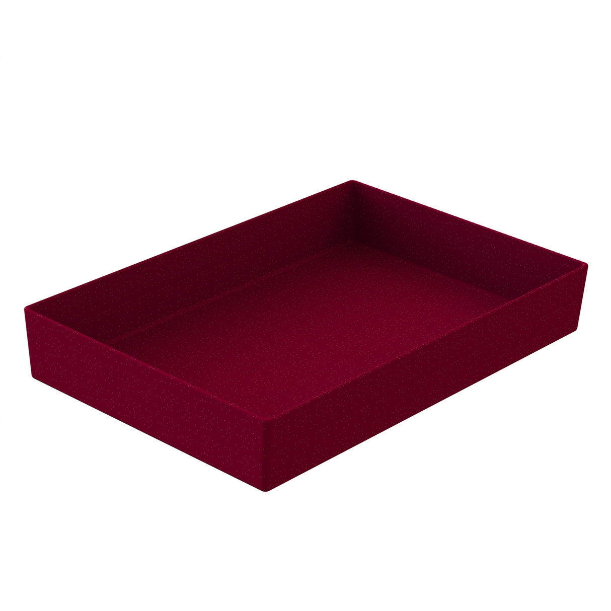 A rectangular, open-top cast aluminum bowl with deep sides is shown in a rich burgundy color. The empty box sits on a white background, viewed from an angle that reveals its depth.