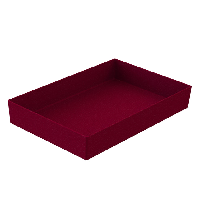 A rectangular, open-top cast aluminum bowl with deep sides is shown in a rich burgundy color. The empty box sits on a white background, viewed from an angle that reveals its depth.