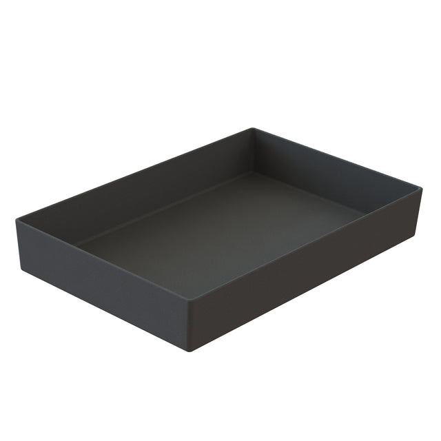 A black, rectangular, shallow tray with straight sides and a smooth surface, pictured against a white background. The tray appears to be a cast aluminum bowl or tray, ideal for cold holding and possibly dishwasher safe.