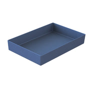 A rectangular, deep, blue plastic tray with straight sides and rounded inner corners, shown against a white background and viewed from an elevated angle. The dishwasher safe tray is empty and has a smooth surface.