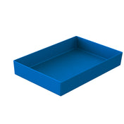 A rectangular, open-top blue plastic tray with straight sides and a flat base, shown on a white background. The tray is empty and positioned at an angle, similar to a cold holding bowl, displaying its depth and spacious interior.