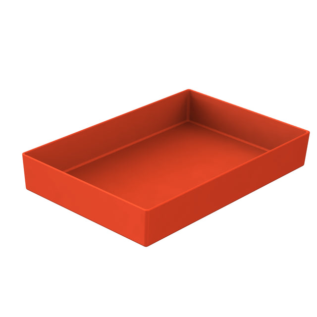 A rectangular, shallow, orange plastic tray with smooth sides and corners, shown on a white background. The tray is empty, features a simple, modern design, and is dishwasher safe for easy cleaning.