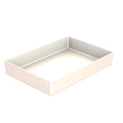 A rectangular, shallow, white cast aluminum bowl with straight sides and a smooth surface, viewed from an elevated angle against a plain white background. The tray appears empty, has clean, sharp edges, and is also dishwasher safe.