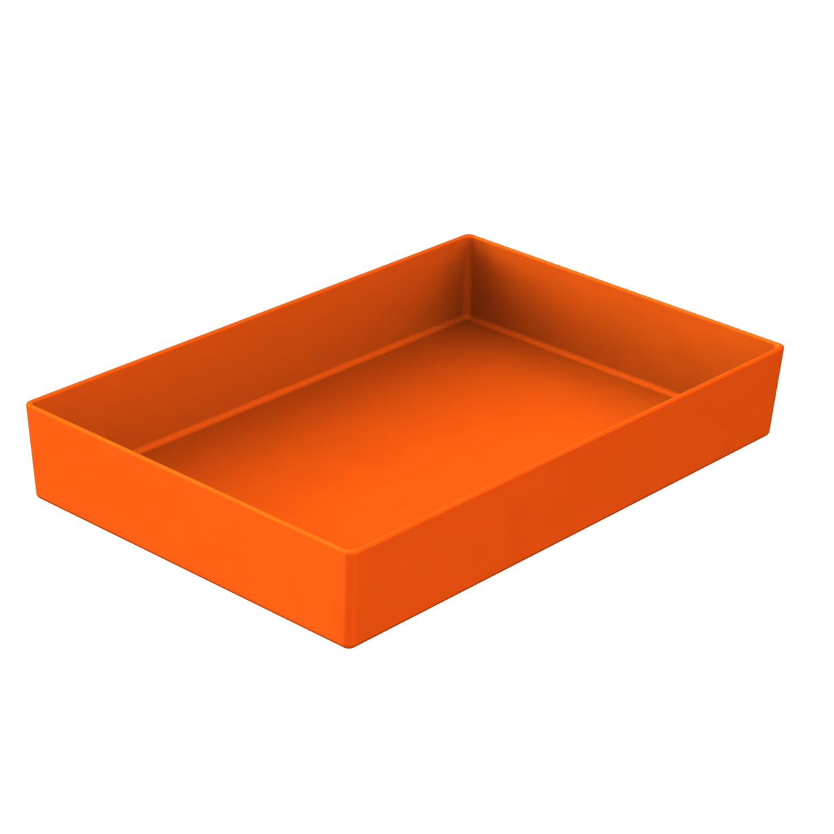 A rectangular, orange plastic tray with high sides is shown at an angle on a white background. The empty tray, ideal as a dishwasher safe bowl, features a smooth surface that's easy to clean.