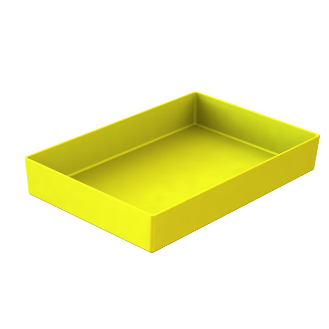 A yellow, rectangular, open-top plastic tray with slightly raised sides. The tray is empty and placed against a plain white background, viewed from an angled perspective that shows its depth—ideal as a dishwasher safe bowl alternative.