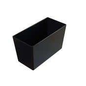 A black, rectangular, open-top plastic container is shown on a white background, viewed from a high angle. Smooth sides and sharp edges make it ideal for cold holding bowls and it is also dishwasher safe, appearing empty and clean.