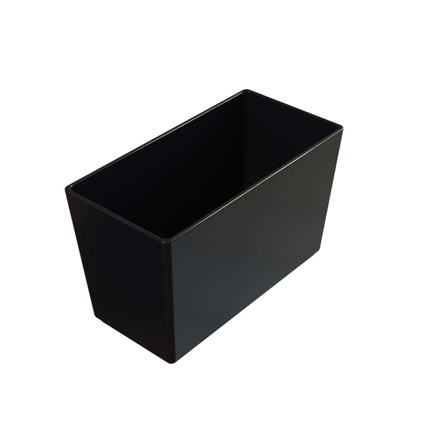 A black, rectangular, open-top plastic container is shown on a white background, viewed from a high angle. Smooth sides and sharp edges make it ideal for cold holding bowls and it is also dishwasher safe, appearing empty and clean.