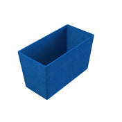A rectangular, open-top cast aluminum bowl in solid blue is shown against a plain white background. The container has straight, smooth sides and sharp corners, and appears to be empty.