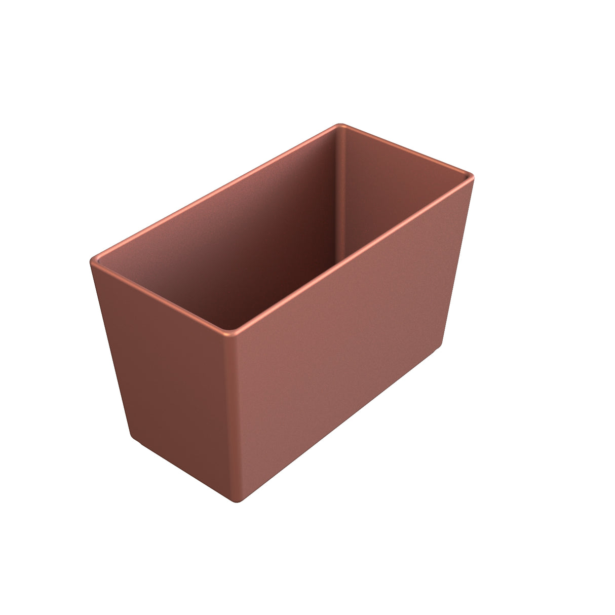A 3D-rendered image of a rectangular, brown, open-top container with smooth sides and rounded edges, crafted from Duracoat coated cast aluminum, viewed from above and the side against a plain white background.