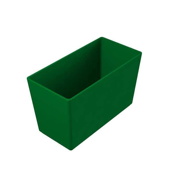 A 3D-rendered image of a green, rectangular, open-top cast aluminum bowl with smooth sides, shown against a plain white background. The container appears empty and is viewed from an angled perspective, emphasizing its depth.