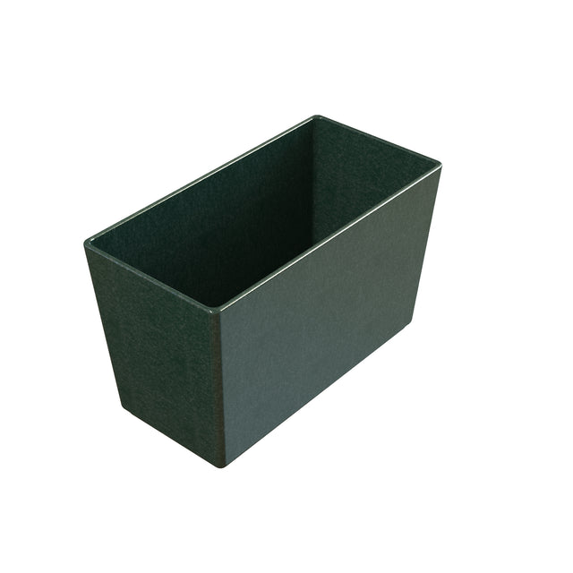 A dark green, rectangular, open-top planter box with straight sides and sharp edges, made of a smooth material reminiscent of a cast aluminum bowl. The plain white background highlights its simple, modern design as it casts a faint shadow beneath it.