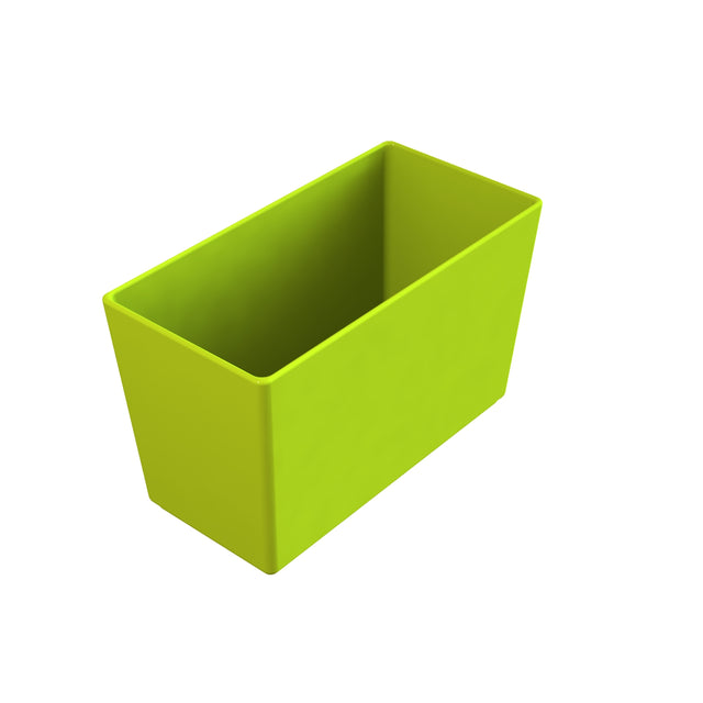 A rectangular, open-topped, bright green cold holding bowl is shown on a white background. The container has smooth sides and slightly rounded corners, and it is empty. The perspective is angled from above, highlighting its depth.