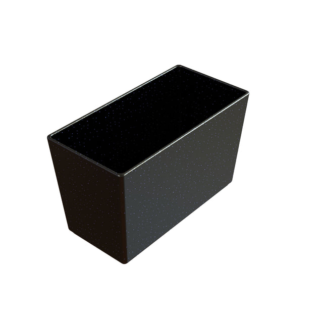 A rectangular, black Duracoat coated cast aluminum container with slightly angled sides and a speckled pattern of tiny white dots, set against a plain white background. The matte finish bowl appears empty and offers durable, stylish functionality.