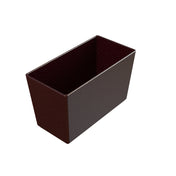 A rectangular, dark brown, open-top cast aluminum bowl with straight sides and a flat bottom, shown against a white background. The minimalist container features a smooth, glossy finish and is dishwasher safe for easy cleaning.