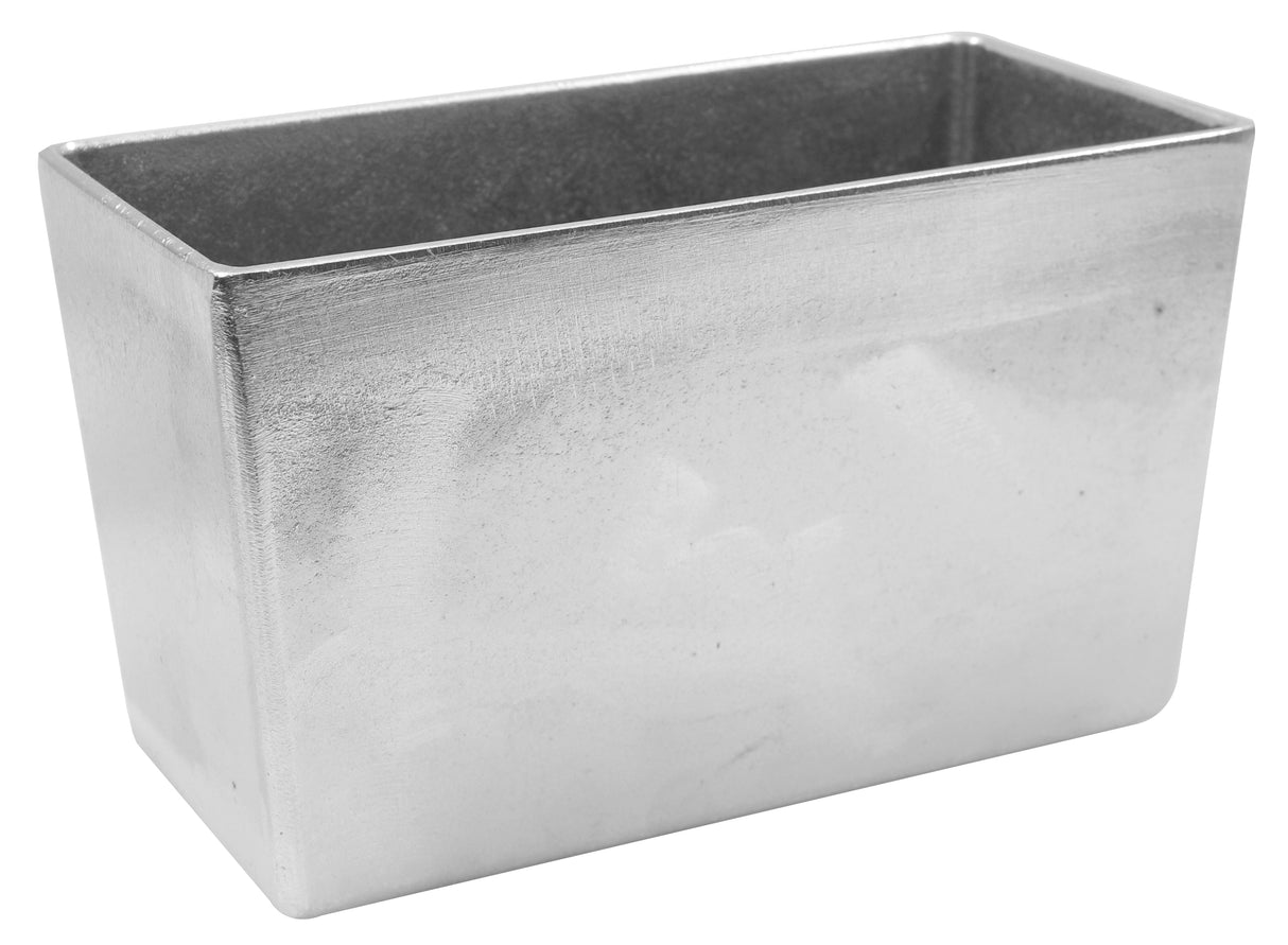 Rectangular, silver-colored sand cast aluminum bowl with smooth surfaces and sharp edges. The interior is visible from the top angle, showing a plain finish. Its slightly brushed exterior stands alone against a white background and is temperature resistant.