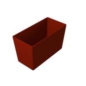 A rectangular, deep red cast aluminum bowl with straight sides and sharp corners is shown against a plain white background. The container has a simple, modern design with a glossy finish and is dishwasher safe.