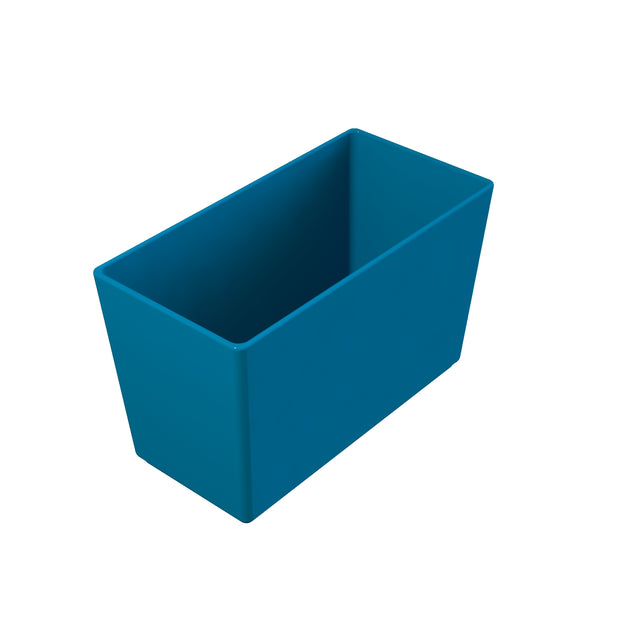 A rectangular, open-top blue plastic dishwasher safe bowl with straight sides and a smooth surface, viewed from a slight angle above. The container is empty and sits on a white background.