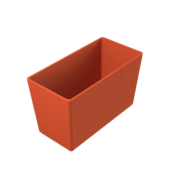 A 3D-rendered image of a rectangular, open-top, orange cold holding bowl with smooth sides and sharp edges is set against a plain white background. The container appears empty and could be made of Duracoat coated cast aluminum or similar material.