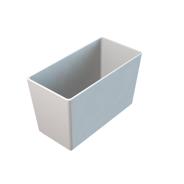A rectangular, white, open-top cast aluminum bowl with smooth sides and sharp corners is shown on a white background. The bowl is empty and viewed from above, highlighting its depth and clean, minimalist design.