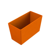 A simple, rectangular orange cold holding bowl with an open top is shown on a white background. The container has straight edges, smooth surfaces, a vibrant color, and is dishwasher safe. It appears empty and has no visible handles or markings.