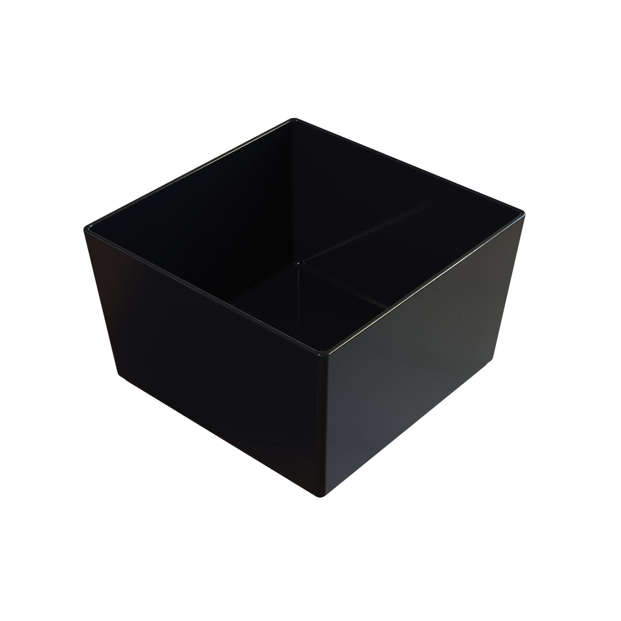 A plain, glossy black cast aluminum bowl with straight sides and sharp corners, viewed from a slightly angled perspective showing the interior. The container sits on a white background, casting a soft shadow.