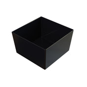 A plain, glossy black cast aluminum bowl with straight sides and sharp corners, viewed from a slightly angled perspective showing the interior. The container sits on a white background, casting a soft shadow.