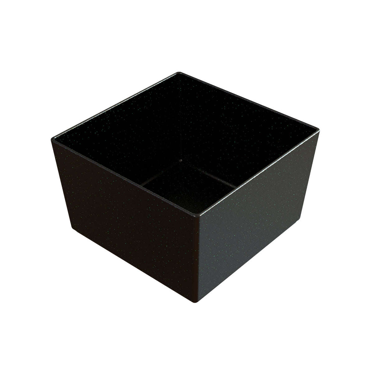 A plain, black, square-shaped cast aluminum bowl with straight sides and sharp corners is shown on a white background. The interior and exterior surfaces are both solid black, and the bowl appears empty.
