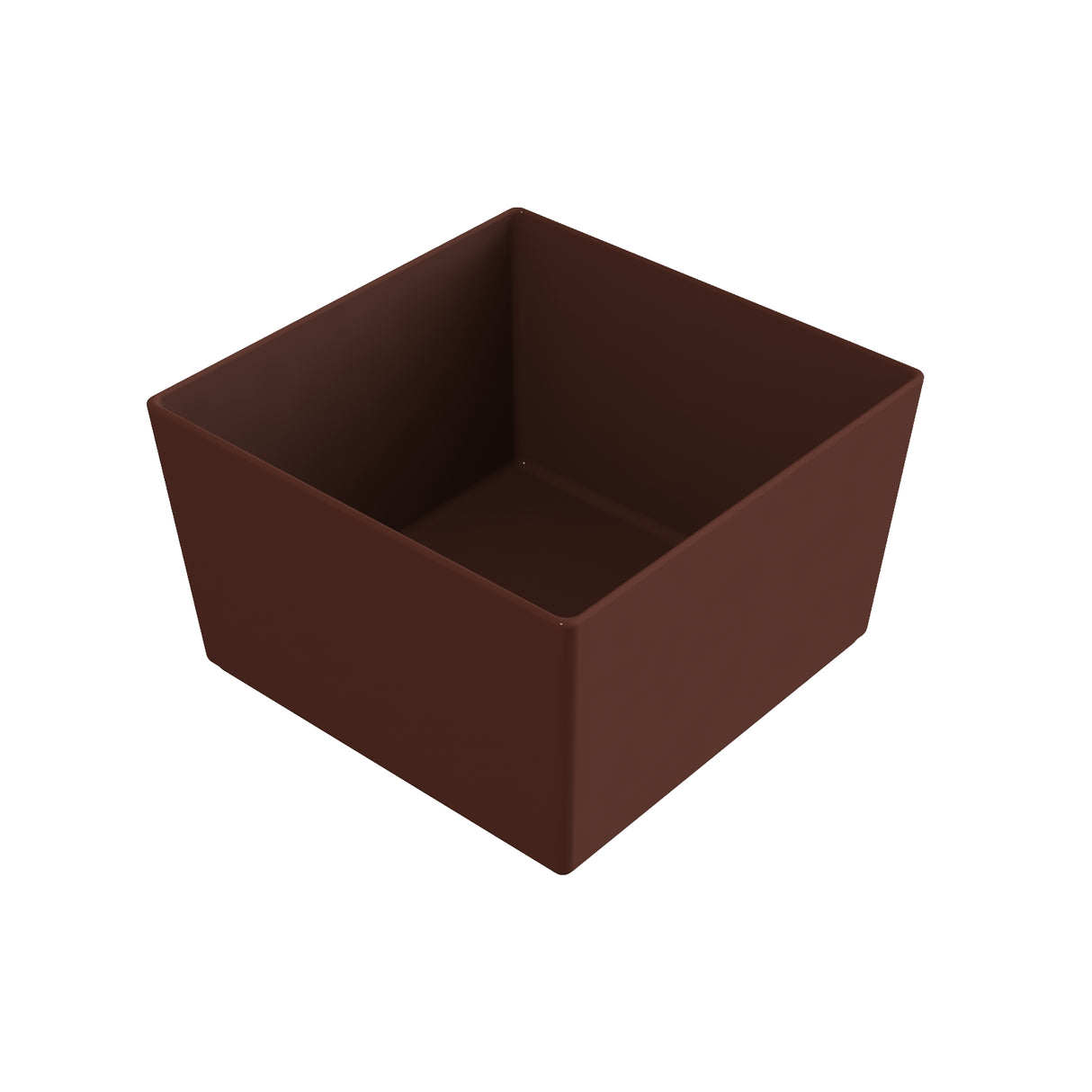 A small, empty, square-shaped cast aluminum bowl with smooth sides and a matte dark brown color, resembling a chocolate cup or box, viewed at an angle to show its interior and two sides; ideal as a cold holding bowl and dishwasher safe.