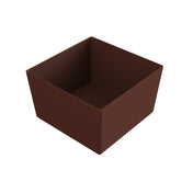 A small, empty, square-shaped cast aluminum bowl with smooth sides and a matte dark brown color, resembling a chocolate cup or box, viewed at an angle to show its interior and two sides; ideal as a cold holding bowl and dishwasher safe.