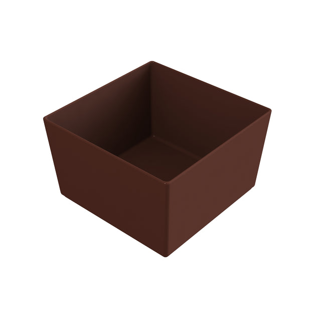 A small, empty, square-shaped cast aluminum bowl with smooth sides and a matte dark brown color, resembling a chocolate cup or box, viewed at an angle to show its interior and two sides; ideal as a cold holding bowl and dishwasher safe.