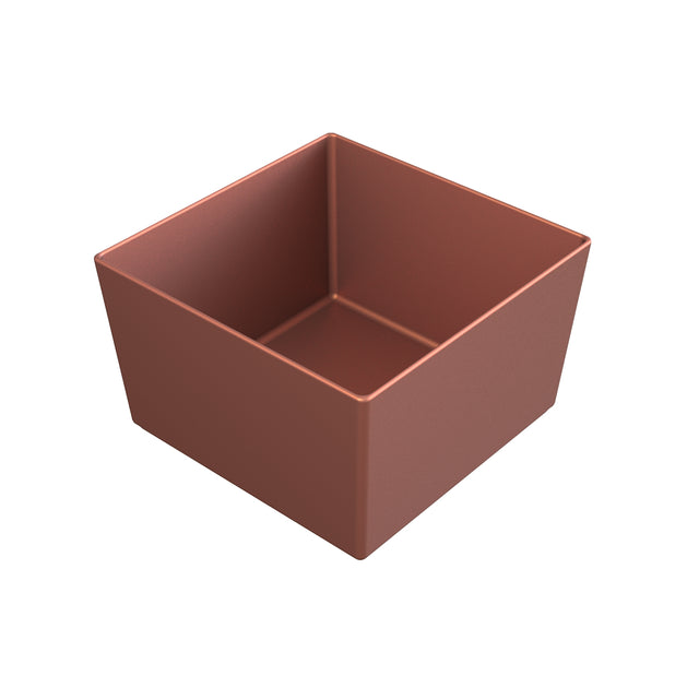A 3D-rendered, matte-finished, square-shaped cast aluminum bowl with straight sides and sharp edges, viewed from above at an angle on a plain white background. The container is empty and showcases a simple, modern design.