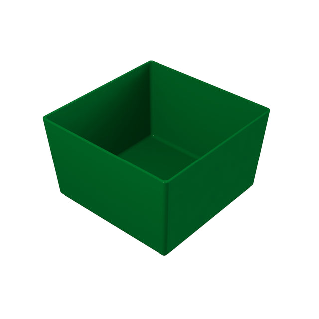 A simple, empty green square container with straight sides and a flat bottom, shown against a plain white background. This dishwasher safe bowl appears to be made of plastic and has an open top, revealing its spacious interior.