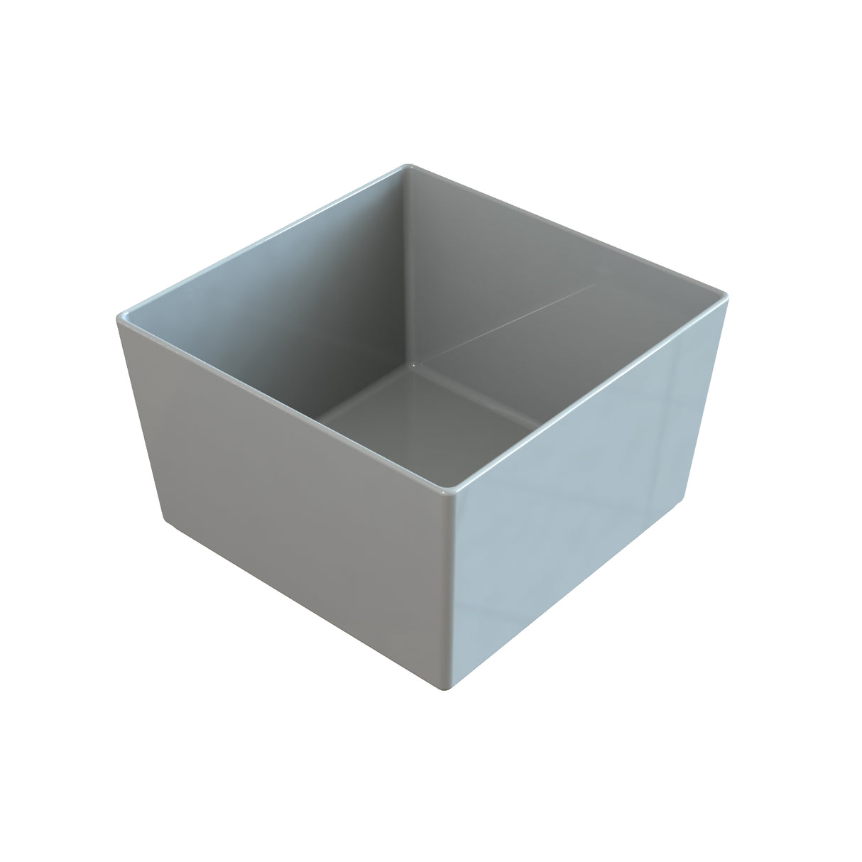 A 3D-rendered, empty gray square cast aluminum bowl with smooth surfaces and sharp edges, viewed from a slightly elevated angle against a white background. The inside and outside of the bowl are visible.